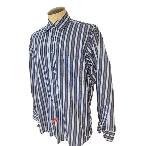 Bugatchi Uomo Blue Stripe Cotton Shirt Large - Picture 2 of 5